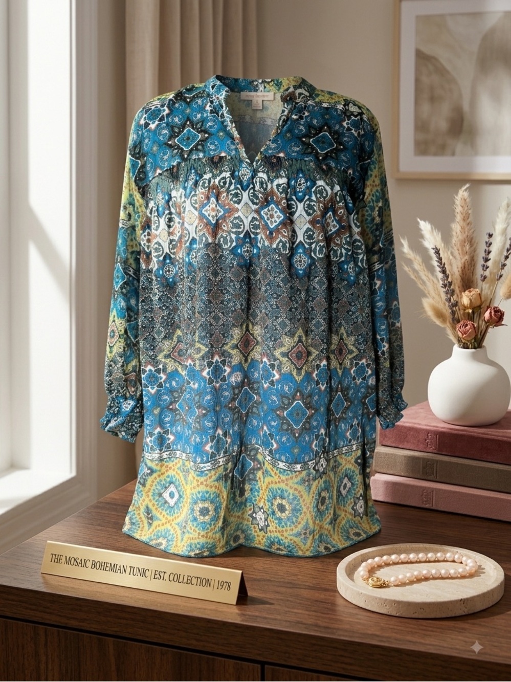 Kaktus Blue Lime Geometric Tunic Top Double Layer V-Neck Pleated Size M